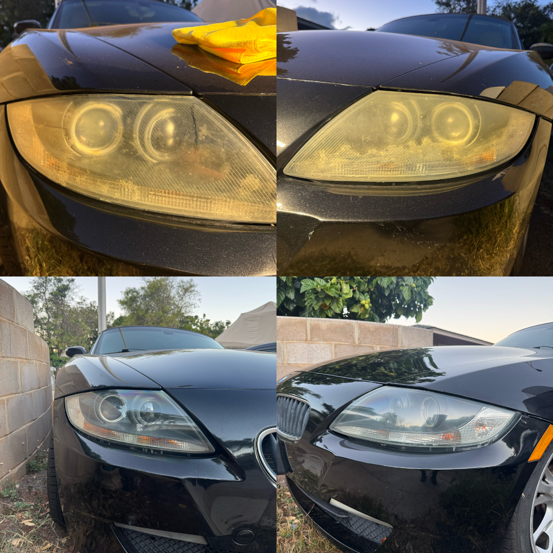Before and after of a black BMW Z4 roadster, its headlights cloudy and yellowed in the top two photos, polished crystal clear in the bottom two, parked against a block wall