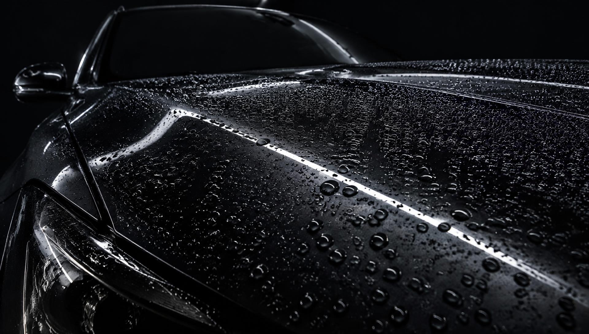 Water beading on a freshly ceramic-coated car hood in a dark studio